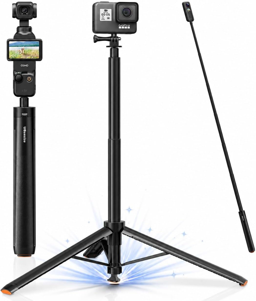 UBeesize 65” Auto-Open Selfie Stick Tripod, Invisible Selfie Stick for Insta360 X5/X4/X3, GoPro & DJI Osmo Pocket 3, Stable Throwpod for Travel Vlogging