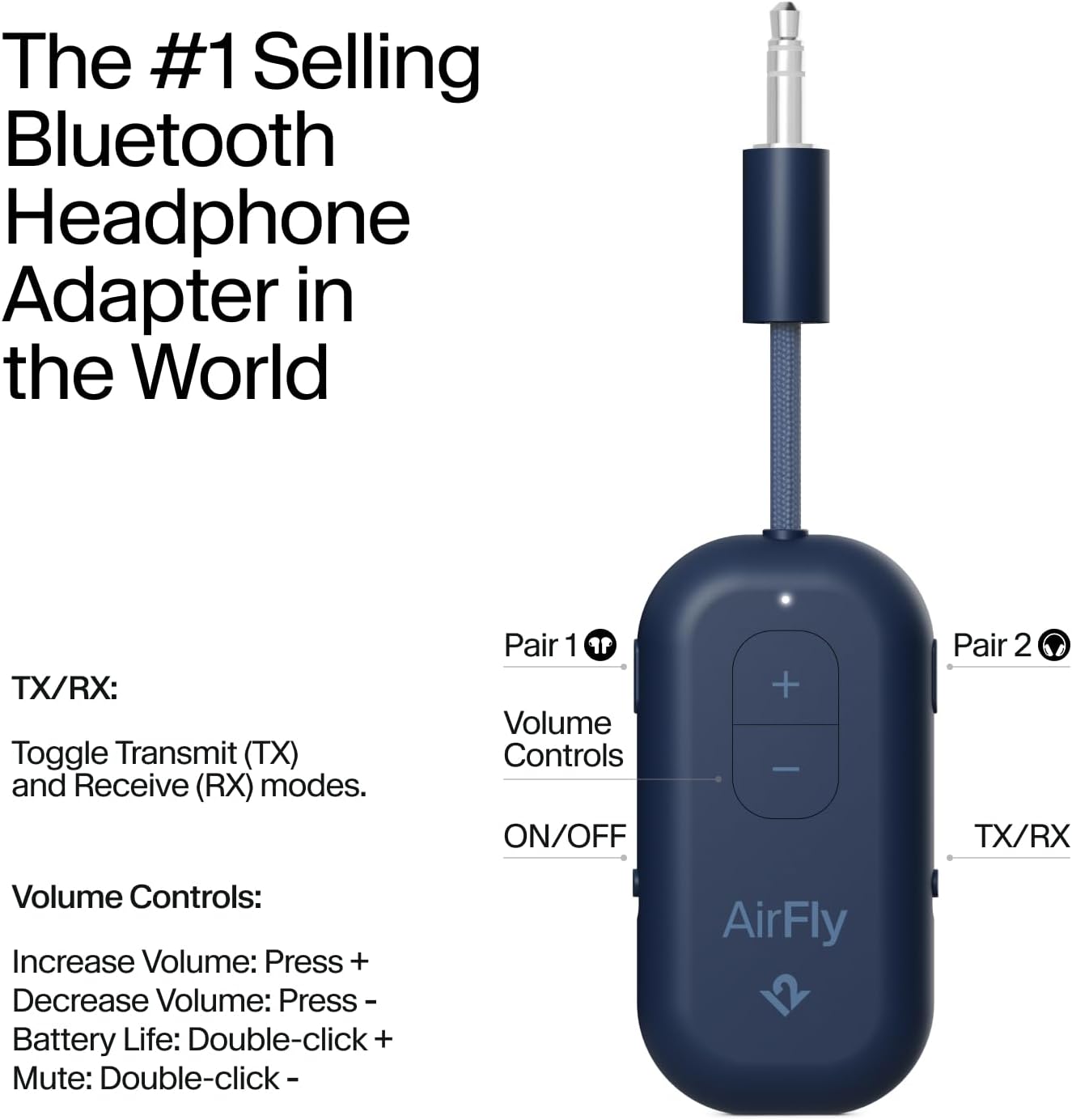 Twelve South AirFly Pro 2 Bluetooth 5.0 Transmitter/Receiver for TV to 2 Wireless Headphones – Wireless Adapter for AirPods, Car, Gym, Home, Use with Any 3.5 mm Audio Jack, Blue - Image 3