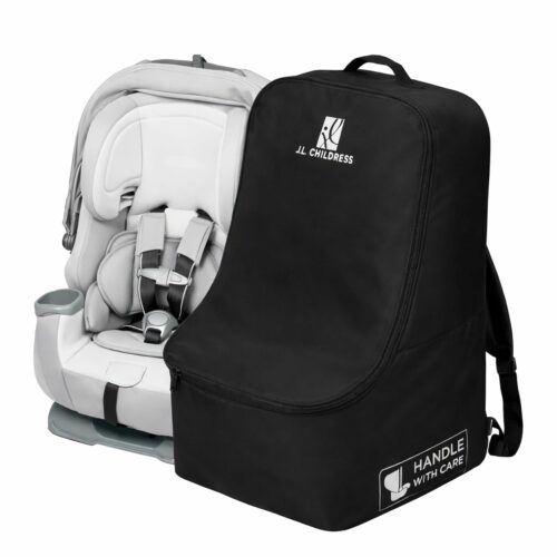 J.L. Childress Padded Backpack Car Seat Bag - Car Seat Travel Bag for Airplane, Fits Most Baby & Infant Carriers & Bootsters, Accessories for Gate or Baggage Check, AirTag Compatible - Deluxe, Black