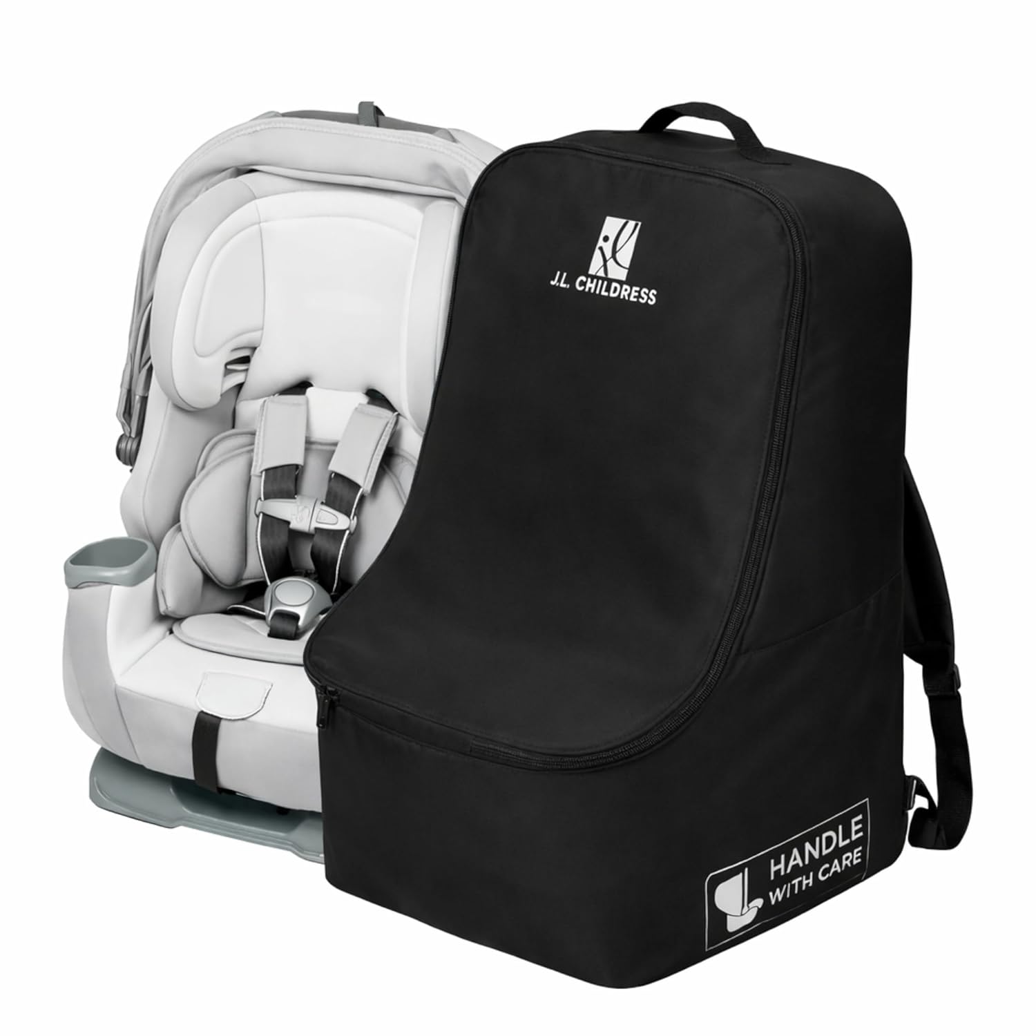 J.L. Childress Padded Backpack Car Seat Bag - Car Seat Travel Bag for Airplane, Fits Most Baby & Infant Carriers & Bootsters, Accessories for Gate or Baggage Check, AirTag Compatible - Deluxe, Black