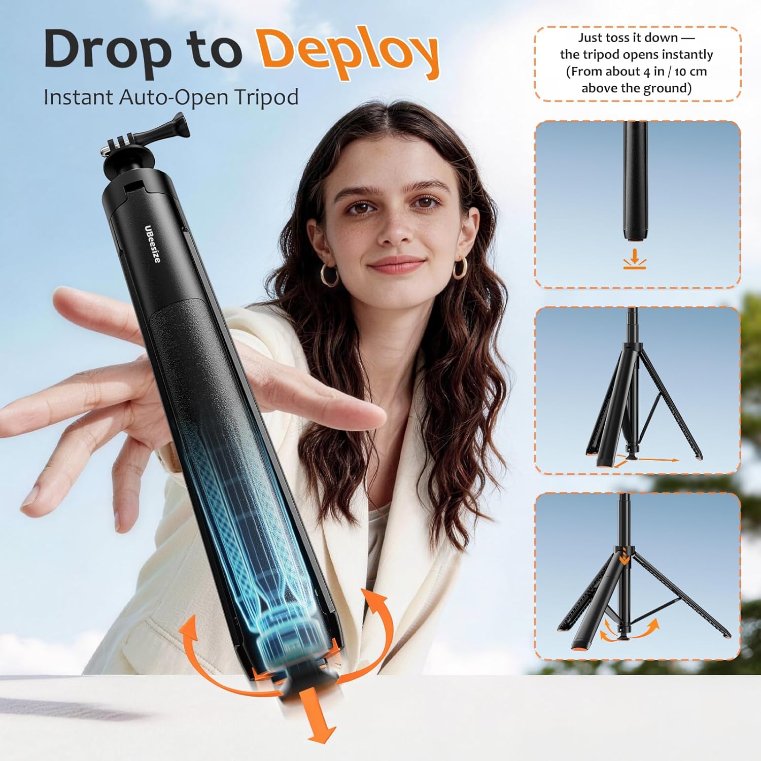 UBeesize 65” Auto-Open Selfie Stick Tripod, Invisible Selfie Stick for Insta360 X5/X4/X3, GoPro & DJI Osmo Pocket 3, Stable Throwpod for Travel Vlogging - Image 2