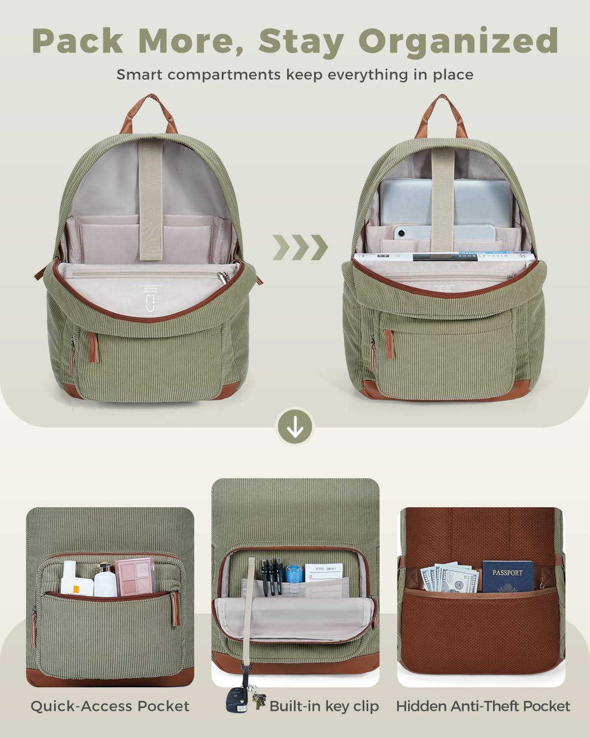 ECOHUB Aesthetic Sage Green Backpack, Corduroy Laptop Bag for Women fits 15.6 Inch Computer, Vintage Travel Backpack with 30oz Tumbler Holder, College School Bag Carry On, Sage Green - Image 8