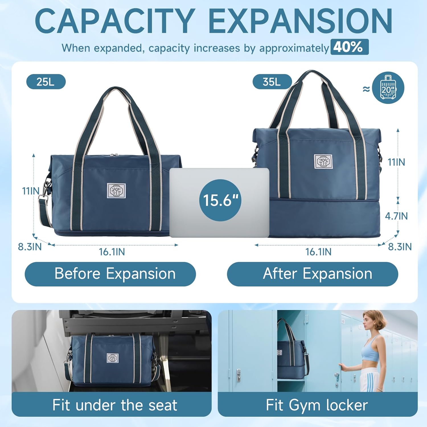 WALNEW Travel Duffel Bag, Weekender Overnight Carry On Bag for Women Men, Foldable Waterproof Gym Luggage with Metal Buckle Detachable Shoulder Strap and Wet Compartment (Peacock Blue) - Image 2