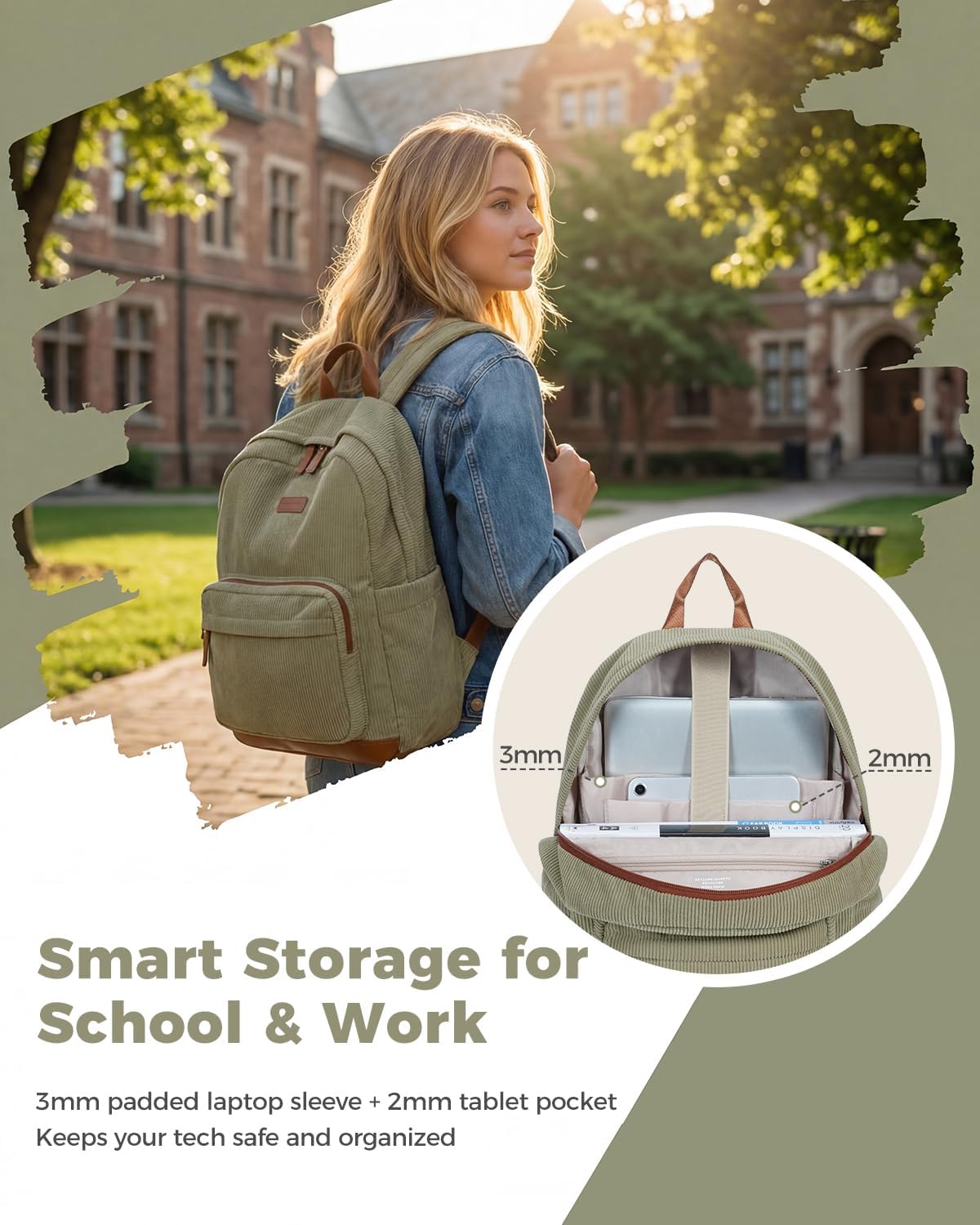 ECOHUB Aesthetic Sage Green Backpack, Corduroy Laptop Bag for Women fits 15.6 Inch Computer, Vintage Travel Backpack with 30oz Tumbler Holder, College School Bag Carry On, Sage Green - Image 3