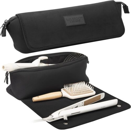 BAREFOOT CARIBOU Hair Tools Travel Bag and Heat Resistant Mat (15.5") for Flat Irons, Straighteners, Curling Iron, and Haircare Accessories, 2-in-1 design, Interior Pockets, Portable Organizer (Black)