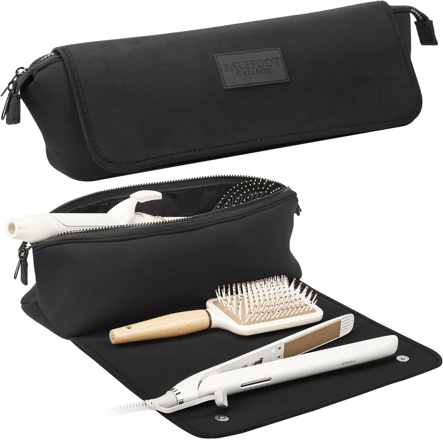 BAREFOOT CARIBOU Hair Tools Travel Bag and Heat Resistant Mat (15.5") for Flat Irons, Straighteners, Curling Iron, and Haircare Accessories, 2-in-1 design, Interior Pockets, Portable Organizer (Black)