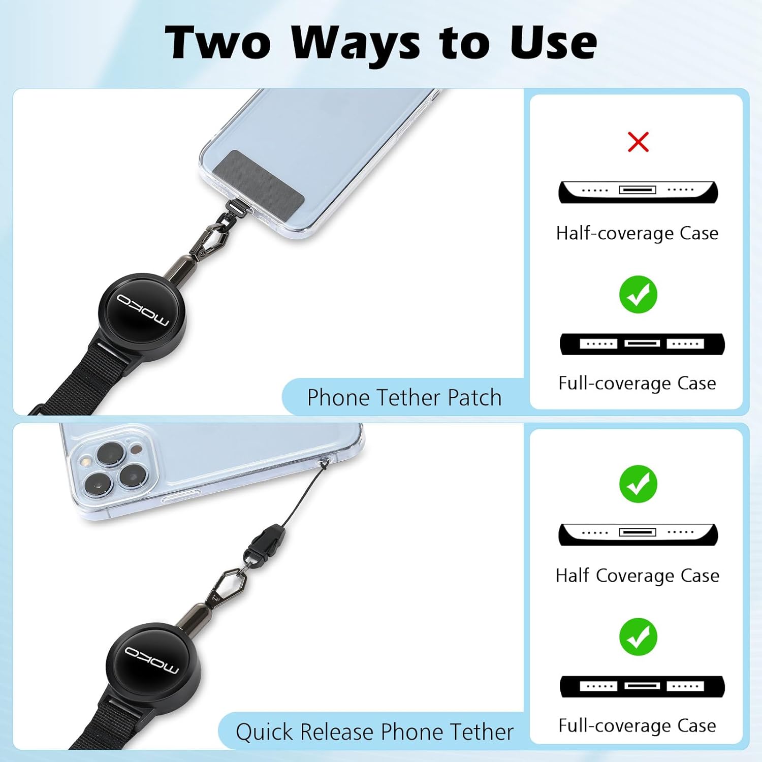 MoKo Anti-theft Phone Tether, Phone Lanyard Retractable Steel Line Cellphone Strap with Locking Carabiner and Metal 360° Tether Tab for Outdoor Skiing Hiking Climbing Fishing, Black - Image 6