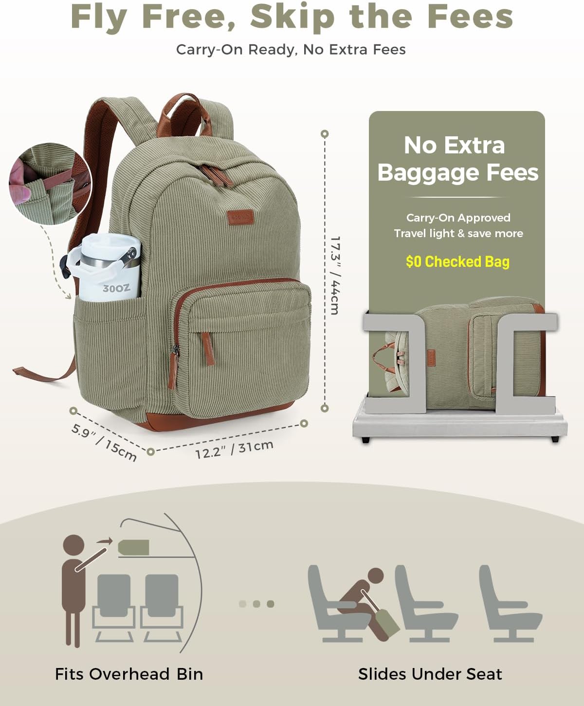 ECOHUB Aesthetic Sage Green Backpack, Corduroy Laptop Bag for Women fits 15.6 Inch Computer, Vintage Travel Backpack with 30oz Tumbler Holder, College School Bag Carry On, Sage Green - Image 2