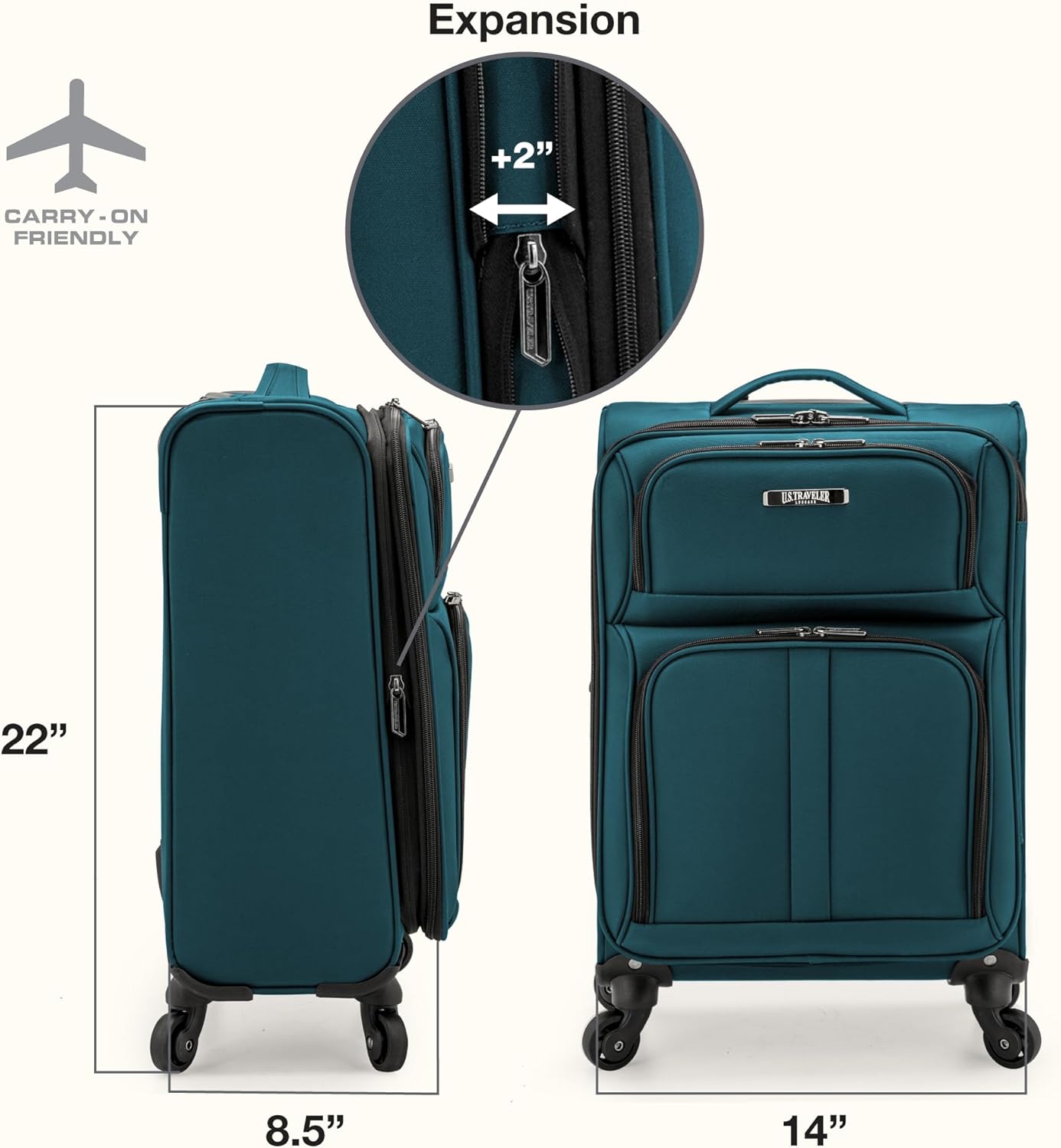 U.S. Traveler Anzio Softside Expandable Luggage with Spinner Wheels, Teal, 22-Inch Carry-on - Image 3