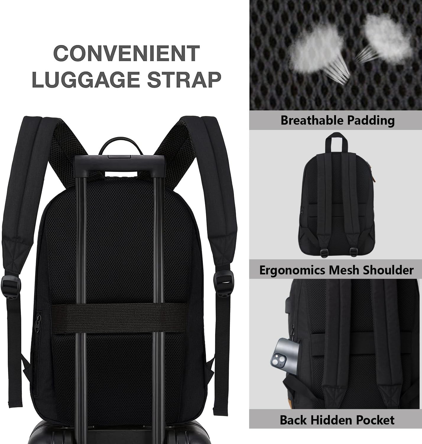 KEOFID Travel backpack for Men and Women, Anti Theft Laptop Backpack with USB Charging Port for Work, Large Bag for College, Carry-on Backpack with Luggage Strap, Water Resistent(Black) - Image 5
