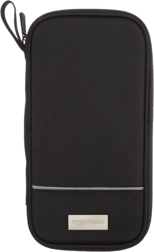 Amazon Basics RFID-blocking Passport Wallet, Passport Holder for Travel, Polyester/Nylon Material with Durable Zipper Closure, Zippered Pockets, Slots for Cards, 10"x5", Black, Solid