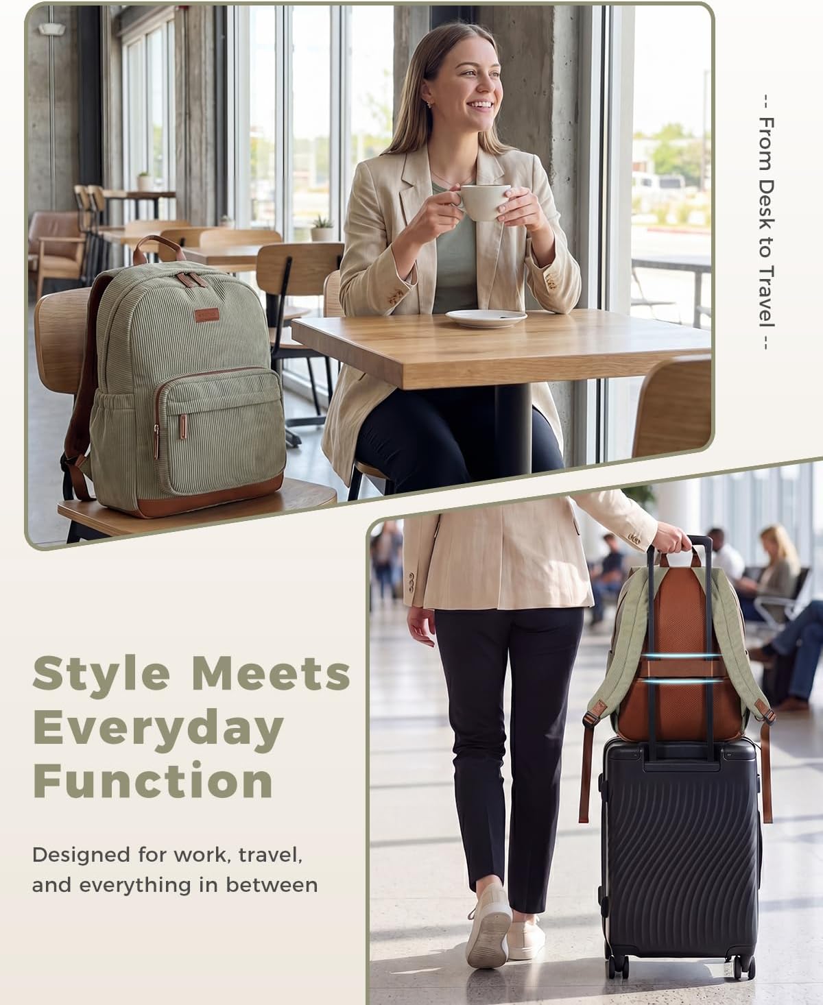 ECOHUB Aesthetic Sage Green Backpack, Corduroy Laptop Bag for Women fits 15.6 Inch Computer, Vintage Travel Backpack with 30oz Tumbler Holder, College School Bag Carry On, Sage Green - Image 7