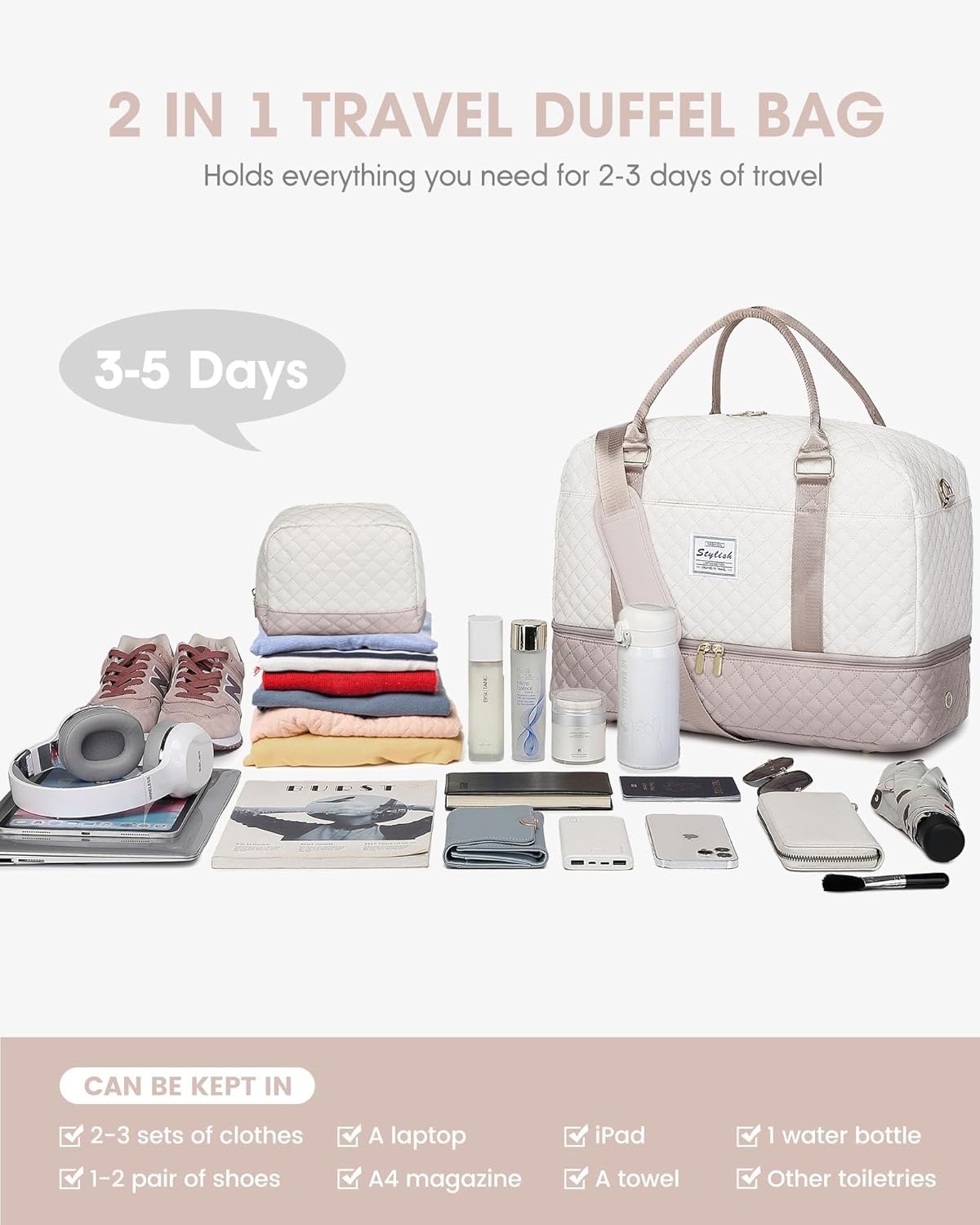 Travel Duffle Bag Weekender for Women: Travel Duffel Bag Carry-On Overnight Bag with Shoe Compartment & Wet Pocket Large Weekend Tote Bag with Gym Duffel Bag for Hospital Beige - Image 3