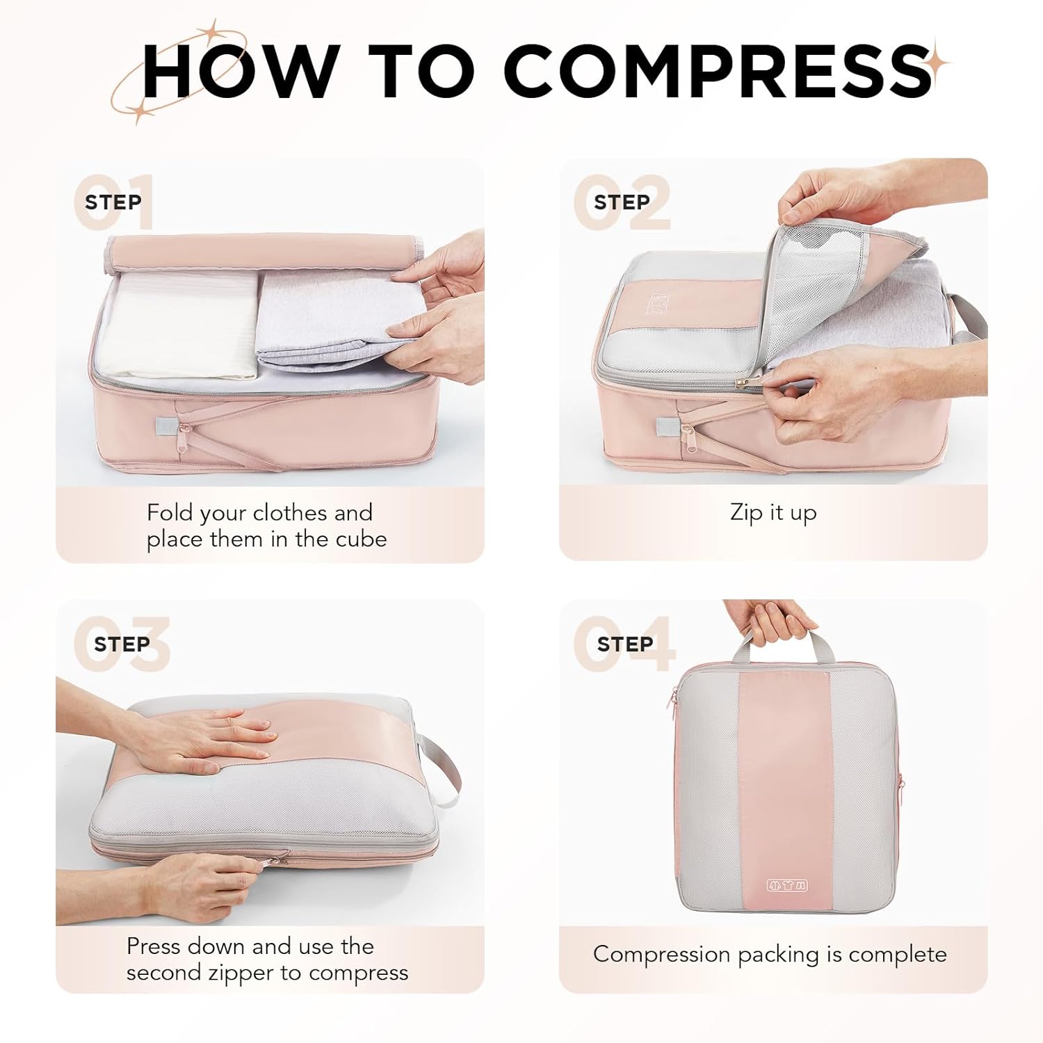 2 Set Compression Packing Cubes for Travel Essentials,Compressible Expandable Packing Cubes for Suitcase,OlarHike Luggage Garment Bags for Travel,Handy Helper for Organizing Clothes(Beige) - Image 3