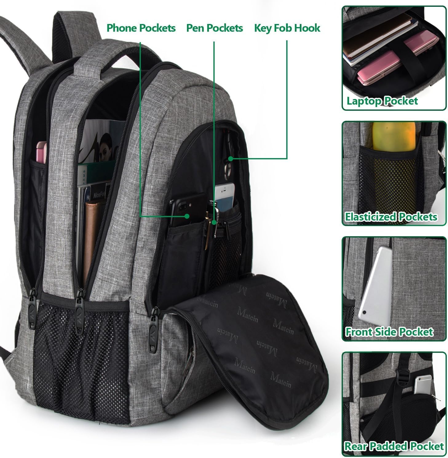 MATEIN Travel Laptop Backpack, Business Anti Theft Slim Sturdy Laptops Backpack Personal Item Bag, Water Resistant College School Computer Bag Gift for Men & Women Fits 15.6 Inch Notebook, Grey - Image 5