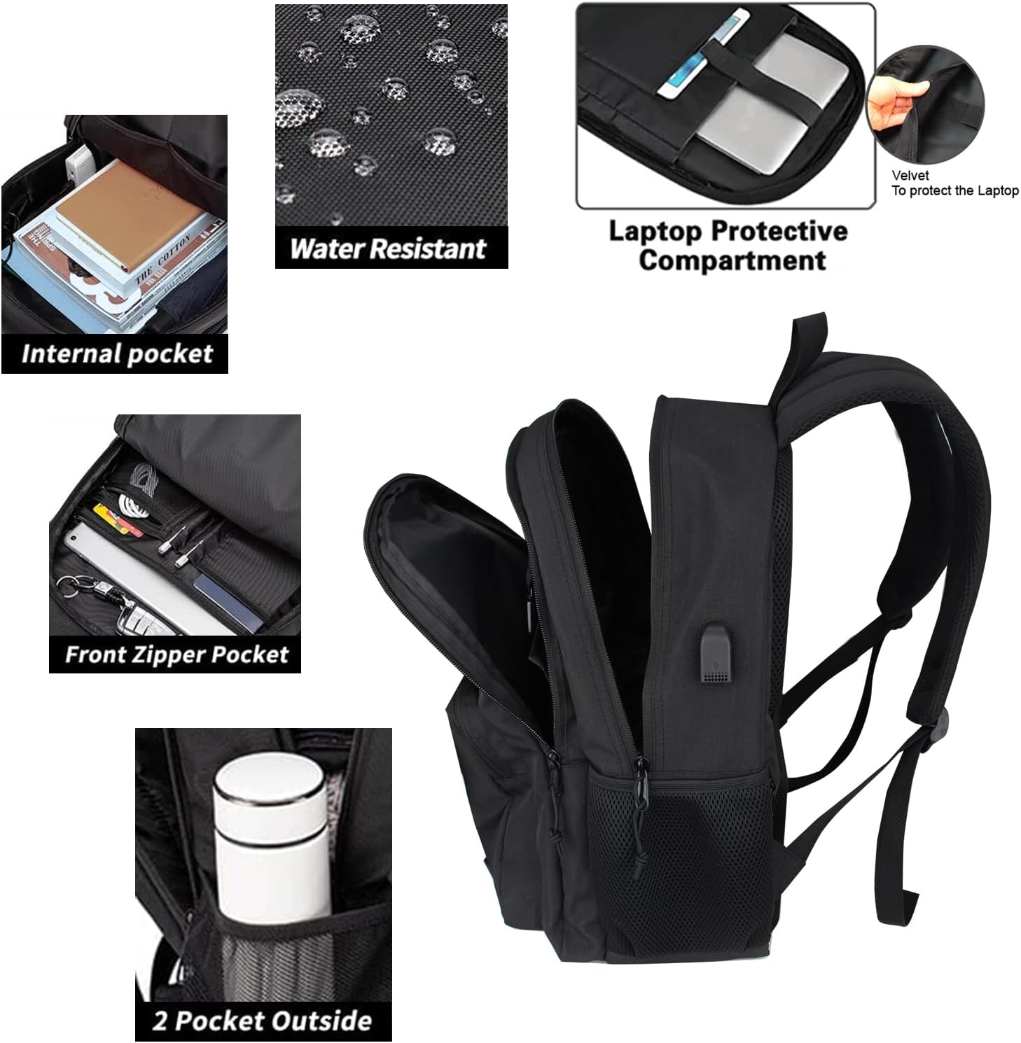 KEOFID Travel backpack for Men and Women, Anti Theft Laptop Backpack with USB Charging Port for Work, Large Bag for College, Carry-on Backpack with Luggage Strap, Water Resistent(Black) - Image 3