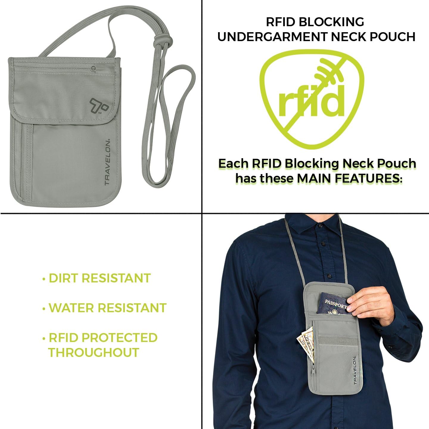 Travelon Rfid Blocking Undergarment Neck Pouch Travel Wallet, Gray, One Size - Image 6