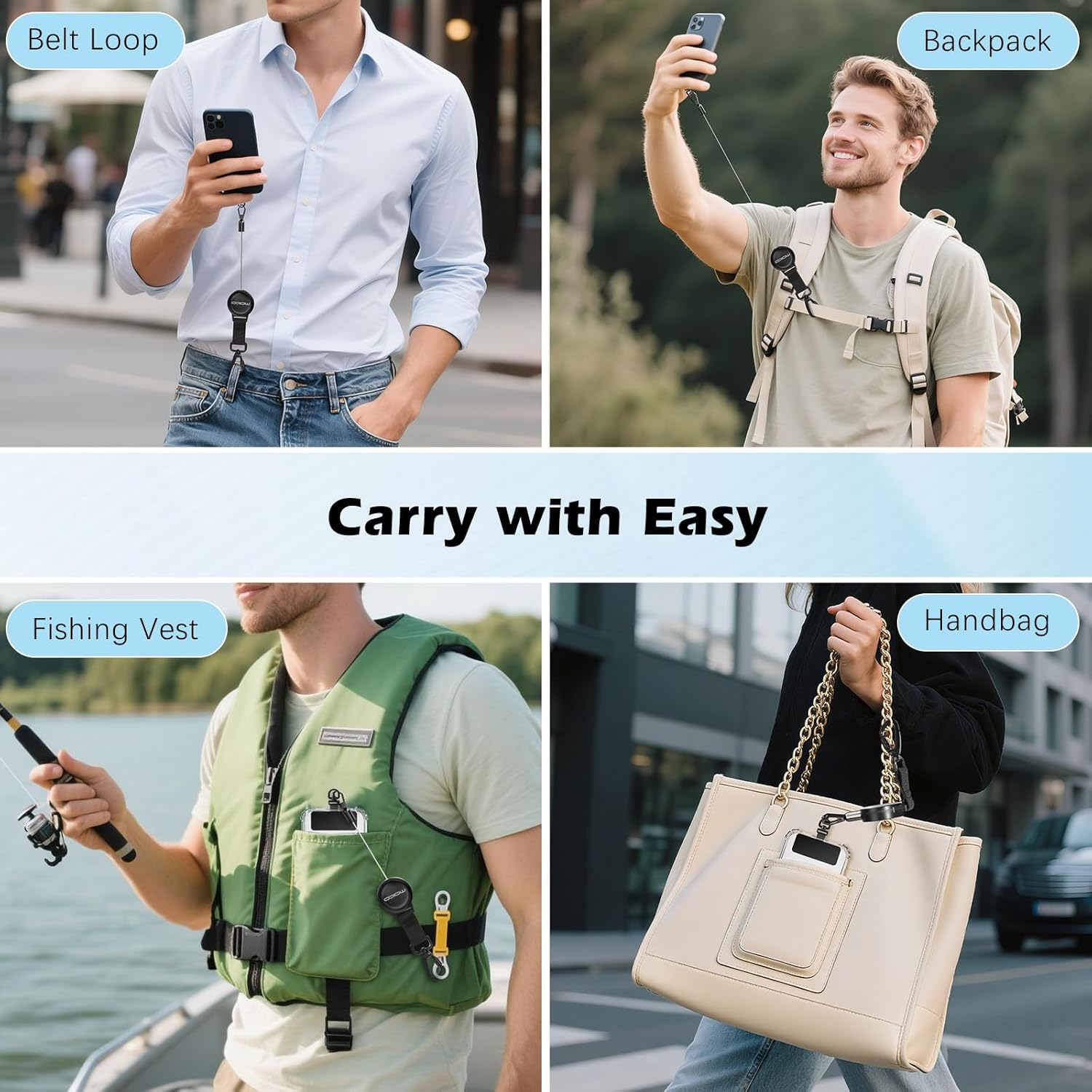 MoKo Anti-theft Phone Tether, Phone Lanyard Retractable Steel Line Cellphone Strap with Locking Carabiner and Metal 360° Tether Tab for Outdoor Skiing Hiking Climbing Fishing, Black - Image 7