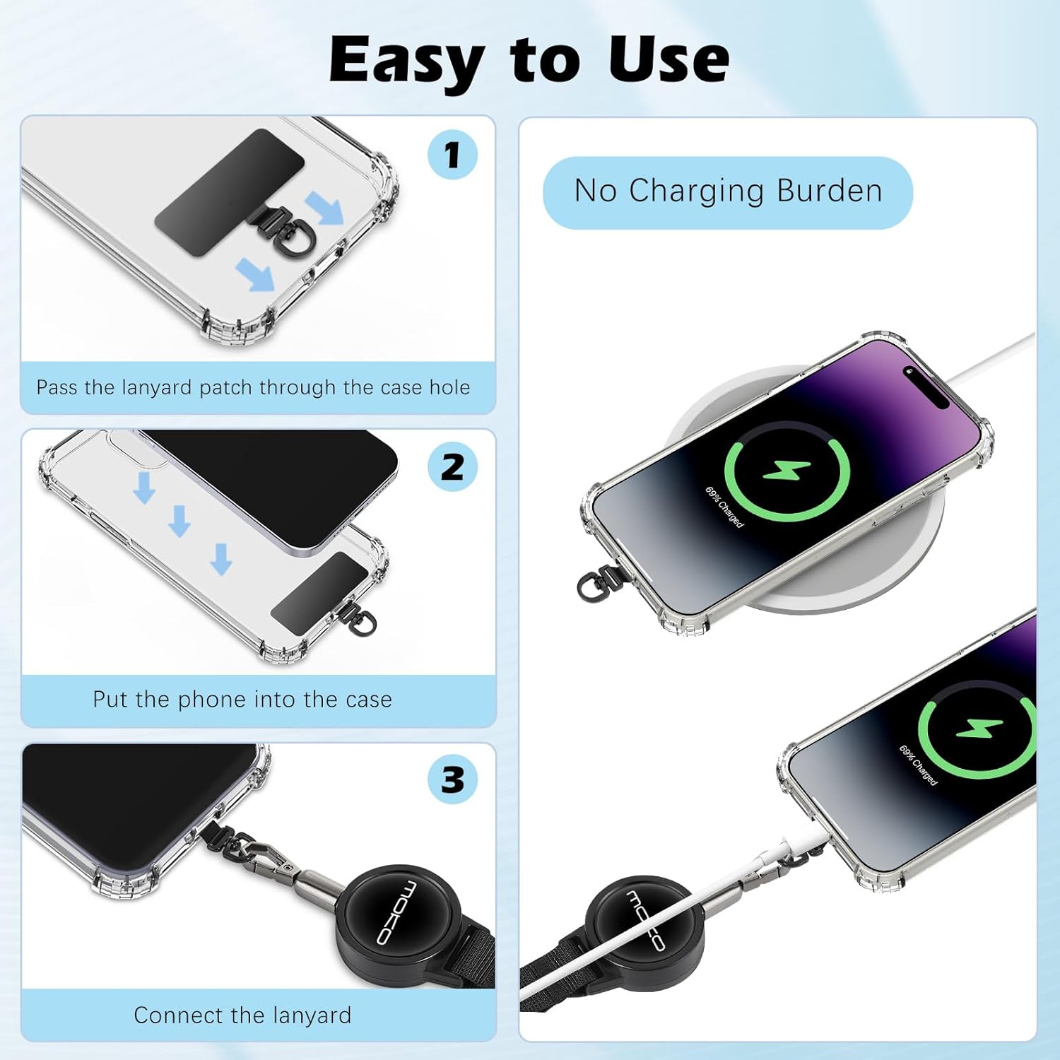 MoKo Anti-theft Phone Tether, Phone Lanyard Retractable Steel Line Cellphone Strap with Locking Carabiner and Metal 360° Tether Tab for Outdoor Skiing Hiking Climbing Fishing, Black - Image 5