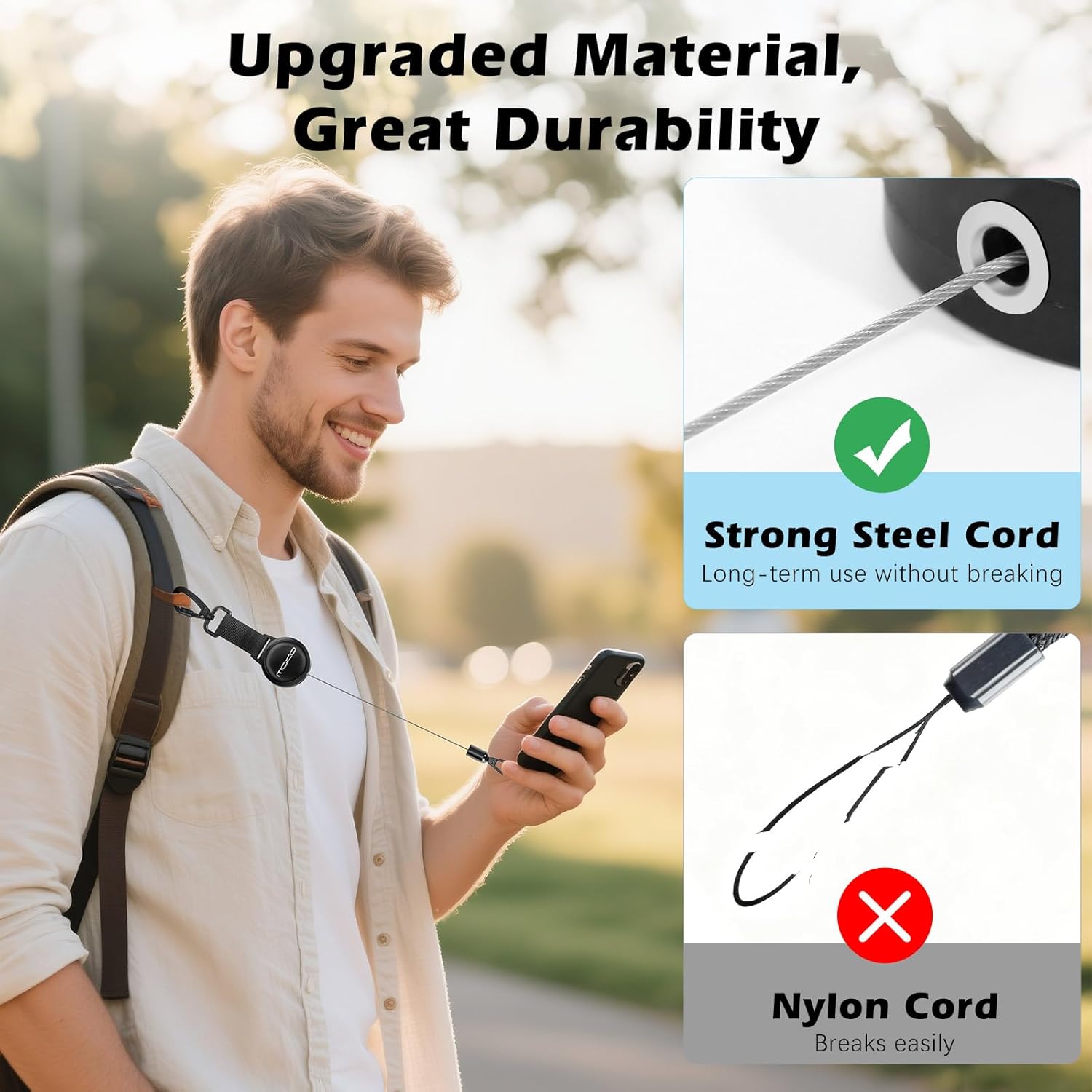 MoKo Anti-theft Phone Tether, Phone Lanyard Retractable Steel Line Cellphone Strap with Locking Carabiner and Metal 360° Tether Tab for Outdoor Skiing Hiking Climbing Fishing, Black - Image 2