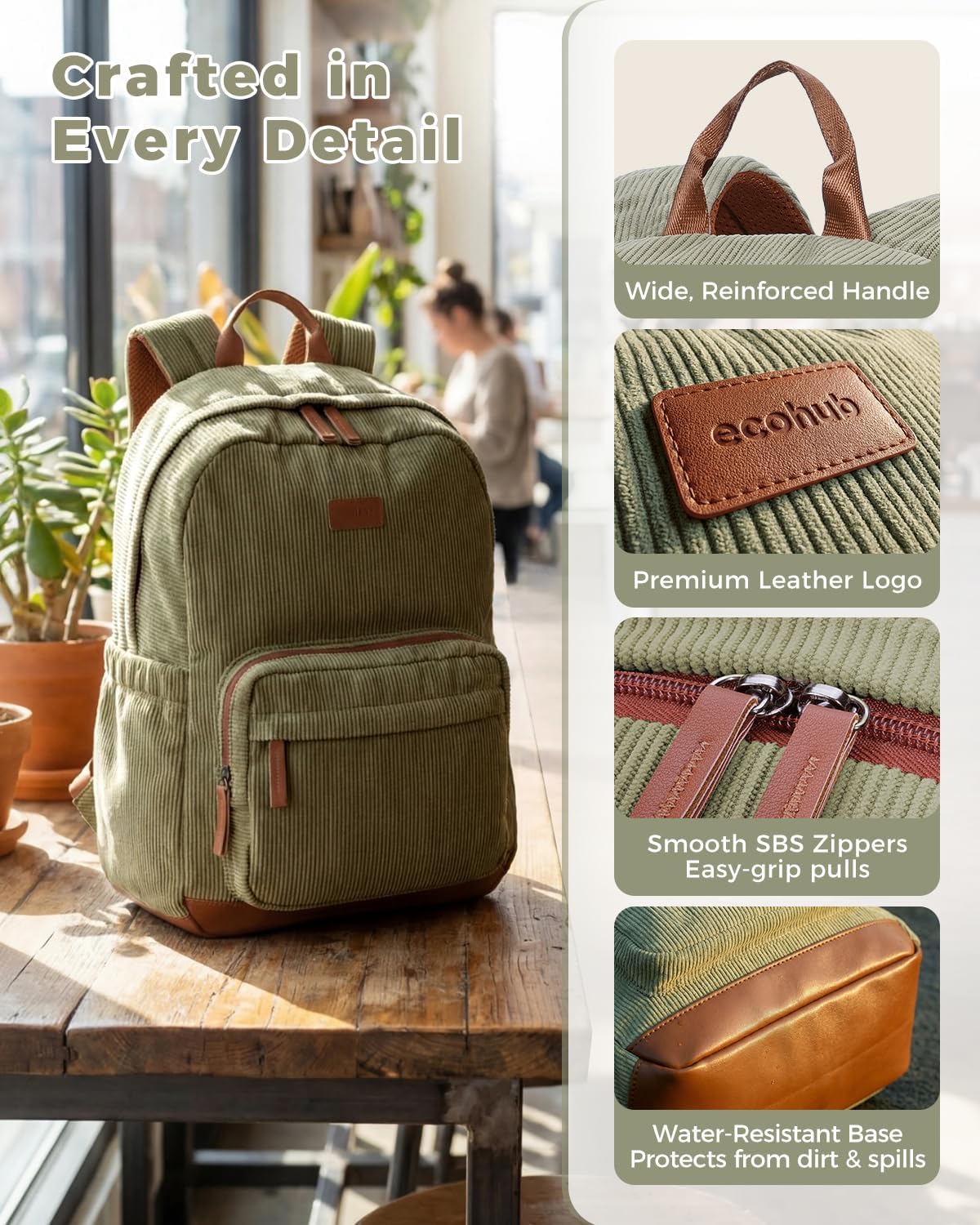 ECOHUB Aesthetic Sage Green Backpack, Corduroy Laptop Bag for Women fits 15.6 Inch Computer, Vintage Travel Backpack with 30oz Tumbler Holder, College School Bag Carry On, Sage Green - Image 5
