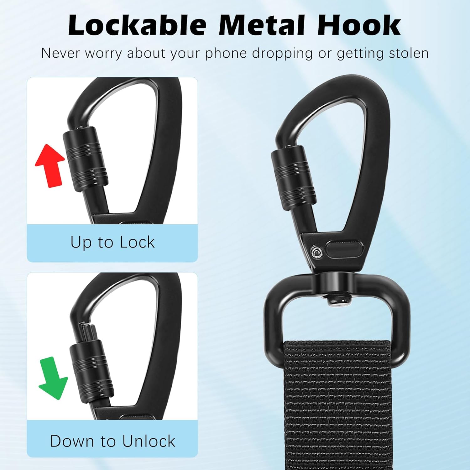 MoKo Anti-theft Phone Tether, Phone Lanyard Retractable Steel Line Cellphone Strap with Locking Carabiner and Metal 360° Tether Tab for Outdoor Skiing Hiking Climbing Fishing, Black - Image 3
