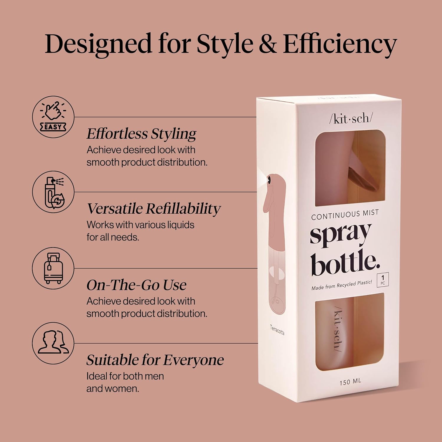 Kitsch Continuous Spray Bottle for Hair – Fine Mist Water Mister & Water Spray Bottle – Recycled Hair Spray Bottle – Spray Bottles for Cleaning, Styling, Plants & More – Terracotta, 150ml - Image 3