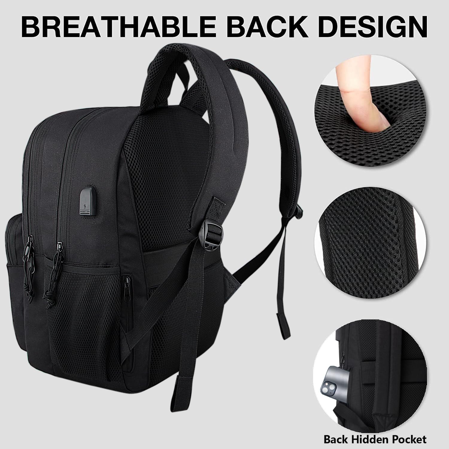 KEOFID Travel backpack for Men and Women, Anti Theft Laptop Backpack with USB Charging Port for Work, Large Bag for College, Carry-on Backpack with Luggage Strap, Water Resistent(Black) - Image 4