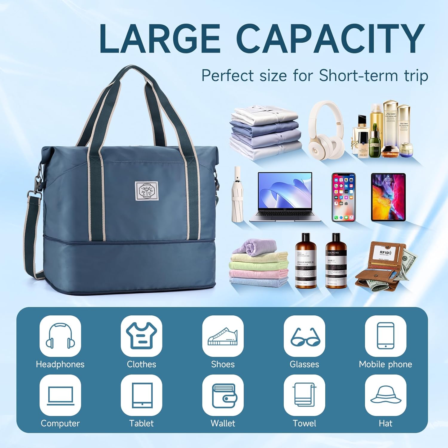 WALNEW Travel Duffel Bag, Weekender Overnight Carry On Bag for Women Men, Foldable Waterproof Gym Luggage with Metal Buckle Detachable Shoulder Strap and Wet Compartment (Peacock Blue) - Image 3