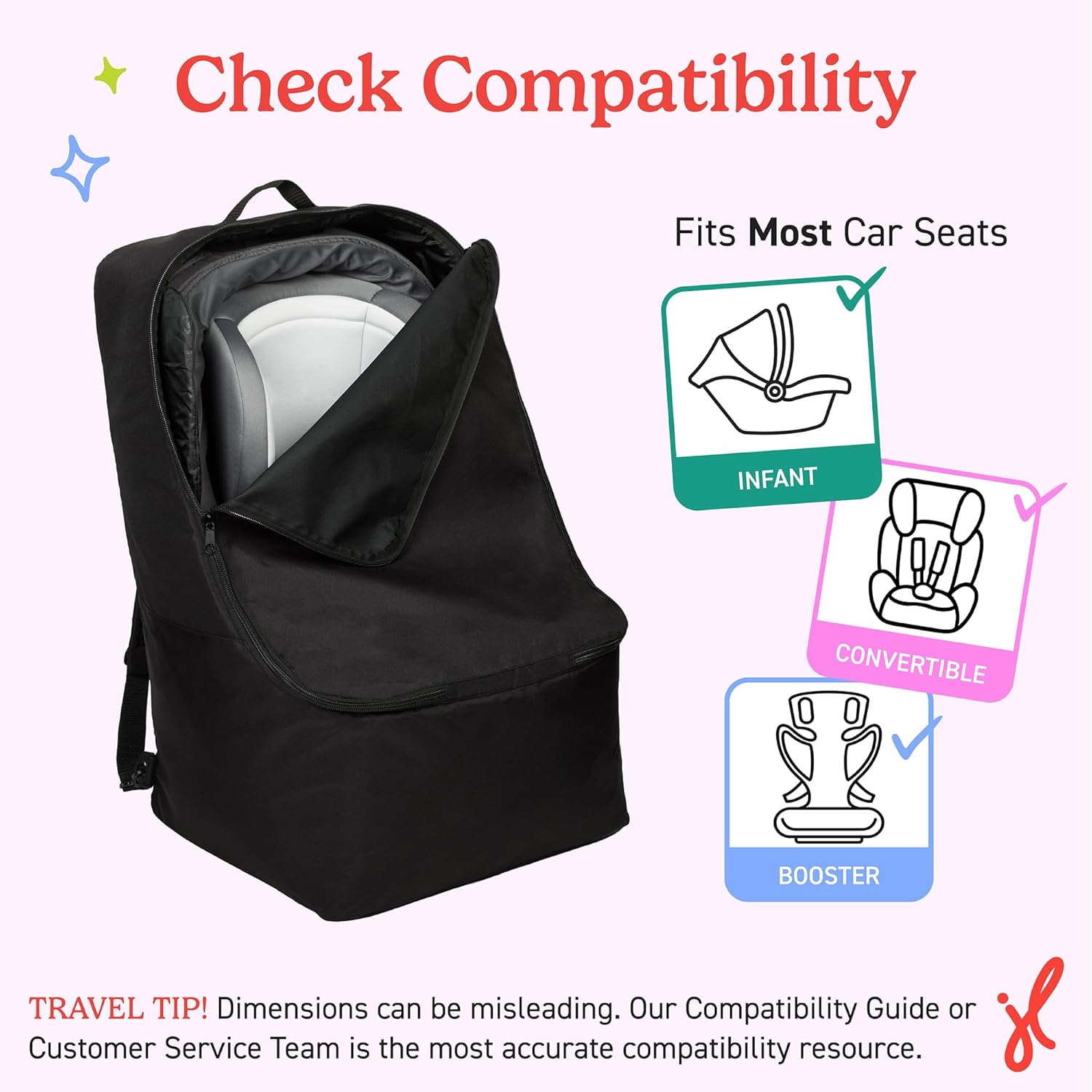 J.L. Childress Padded Backpack Car Seat Bag - Car Seat Travel Bag for Airplane, Fits Most Baby & Infant Carriers & Bootsters, Accessories for Gate or Baggage Check, AirTag Compatible - Deluxe, Black - Image 4
