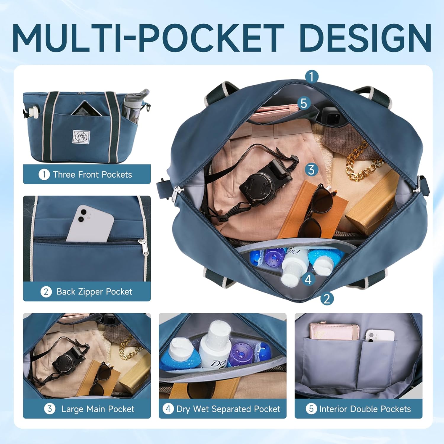 WALNEW Travel Duffel Bag, Weekender Overnight Carry On Bag for Women Men, Foldable Waterproof Gym Luggage with Metal Buckle Detachable Shoulder Strap and Wet Compartment (Peacock Blue) - Image 4