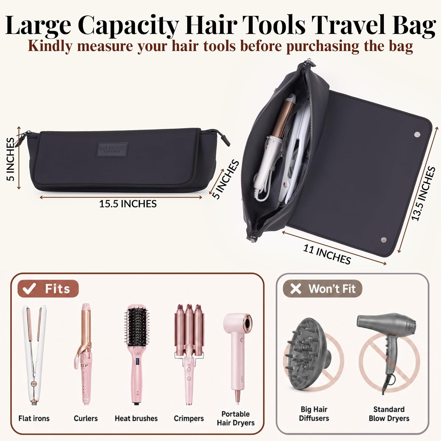 BAREFOOT CARIBOU Hair Tools Travel Bag and Heat Resistant Mat (15.5") for Flat Irons, Straighteners, Curling Iron, and Haircare Accessories, 2-in-1 design, Interior Pockets, Portable Organizer (Black) - Image 3