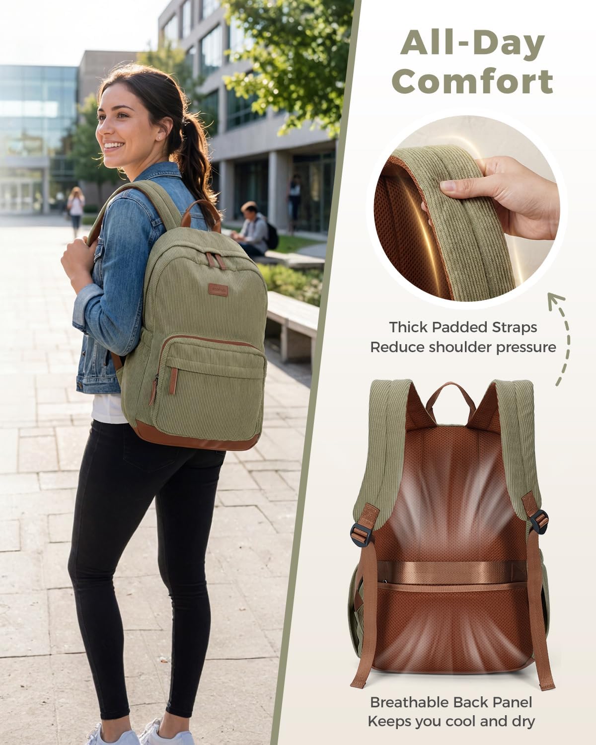 ECOHUB Aesthetic Sage Green Backpack, Corduroy Laptop Bag for Women fits 15.6 Inch Computer, Vintage Travel Backpack with 30oz Tumbler Holder, College School Bag Carry On, Sage Green - Image 4