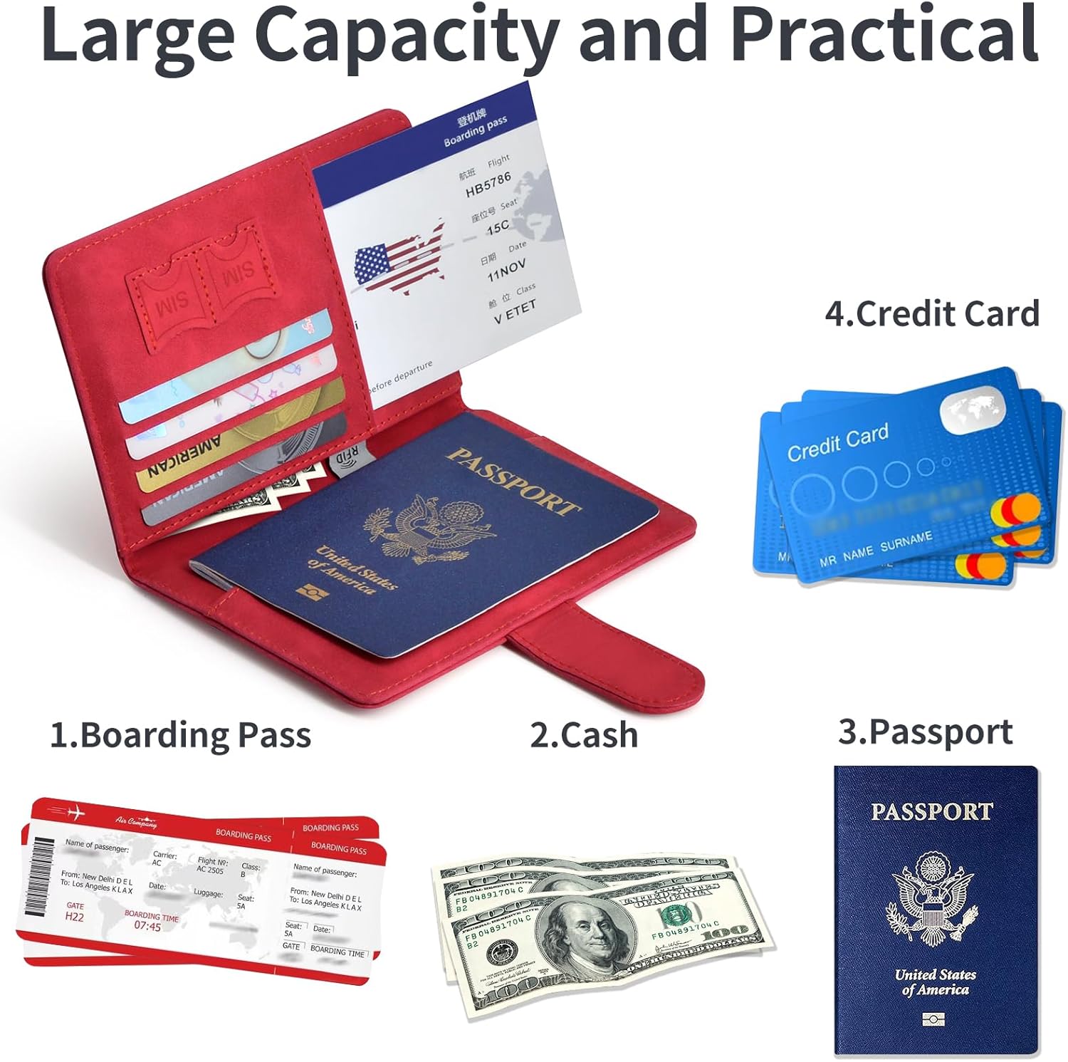 Passport Holder, Passport Cover with Credit Card Slot and Boarding Pass Slot Combo, Passport Wallet Case Book Travel Must Have, RFID Blocking Leather Travel Accessories, Red - Image 4