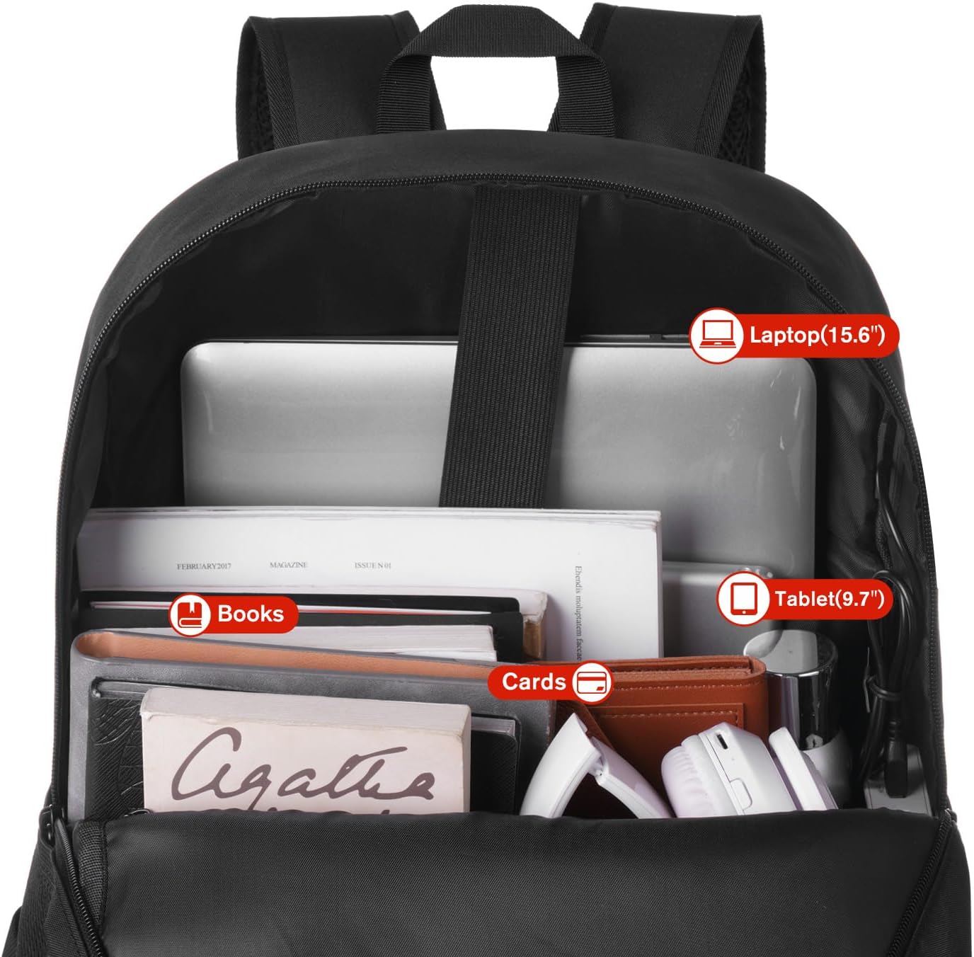YAMTION Black Backpack for Women Men,Casual School Backpack Teen Boys and Girls 15.6 Inch Laptop Bookbag with USB Charger for College High School Travel Business - Image 3