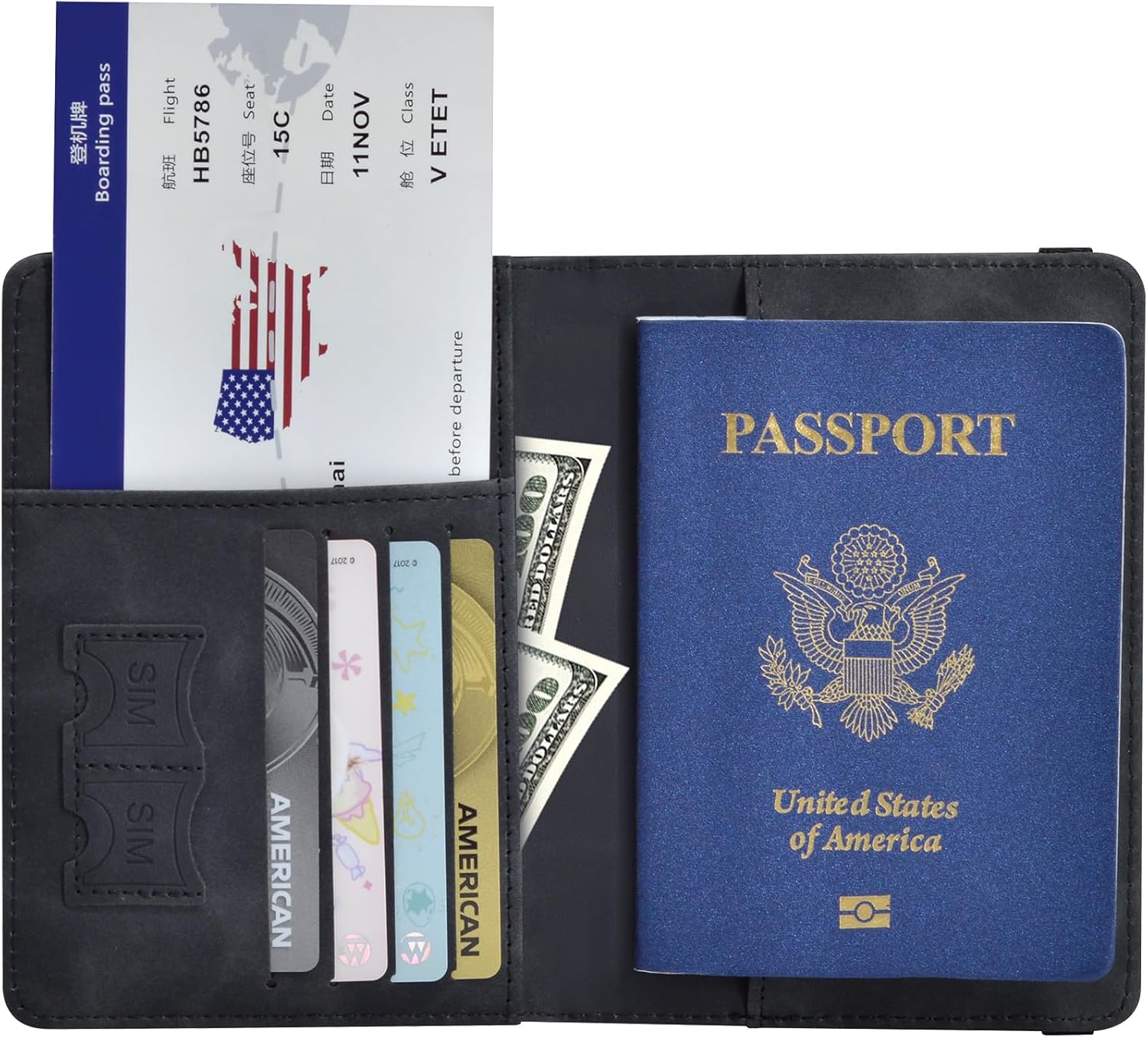 Passport Holder, Passport Cover with Credit Card Slot and Boarding Pass Slot Combo, Passport Wallet Case Book Travel Must Have, RFID Blocking Leather Travel Accessories, Black - Image 7