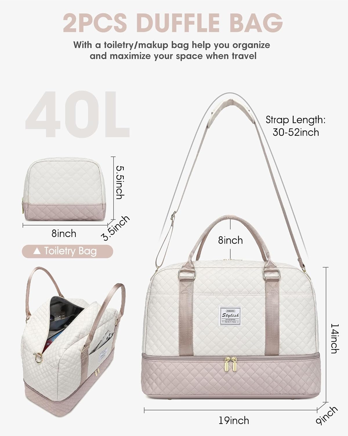 Travel Duffle Bag Weekender for Women: Travel Duffel Bag Carry-On Overnight Bag with Shoe Compartment & Wet Pocket Large Weekend Tote Bag with Gym Duffel Bag for Hospital Beige - Image 8