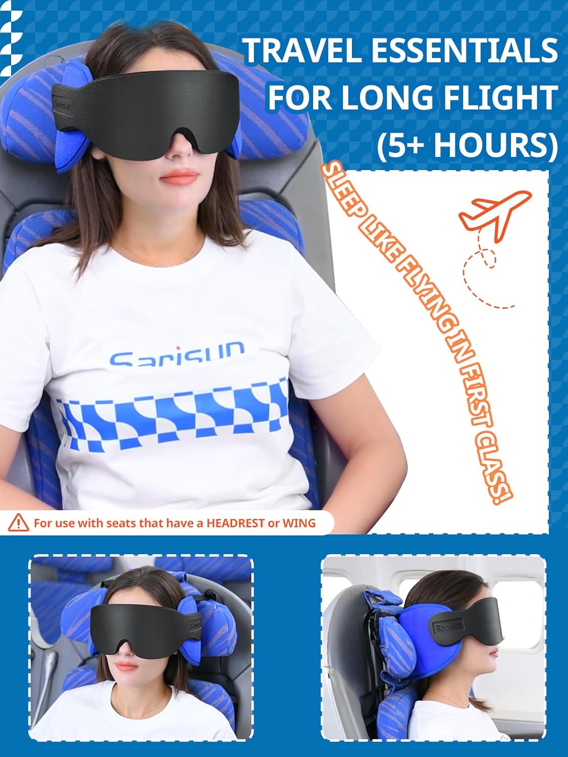 SARISUN Travel Pillows for Airplanes, Airplane Pillow for Long Flight, Airplane Head Strap with Eye Mask for Sleep, Travel Neck Pillow for Car Road Trip, 360° Support Headrest, Stop Bobblehead, Black - Image 2