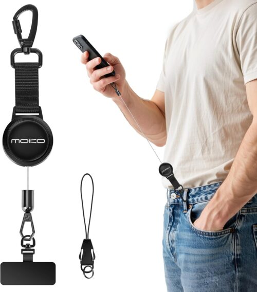MoKo Anti-theft Phone Tether, Phone Lanyard Retractable Steel Line Cellphone Strap with Locking Carabiner and Metal 360° Tether Tab for Outdoor Skiing Hiking Climbing Fishing, Black