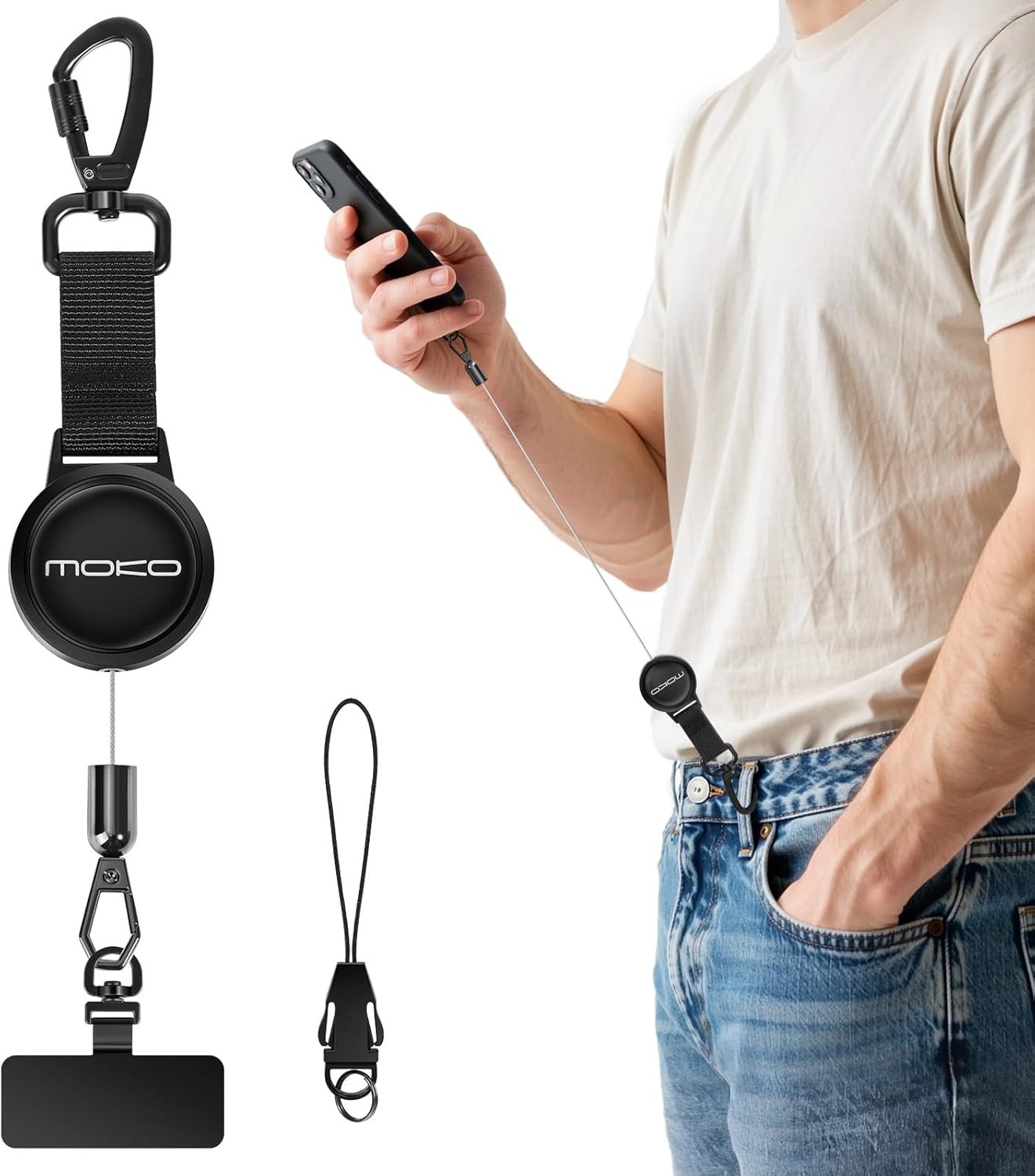 MoKo Anti-theft Phone Tether, Phone Lanyard Retractable Steel Line Cellphone Strap with Locking Carabiner and Metal 360° Tether Tab for Outdoor Skiing Hiking Climbing Fishing, Black