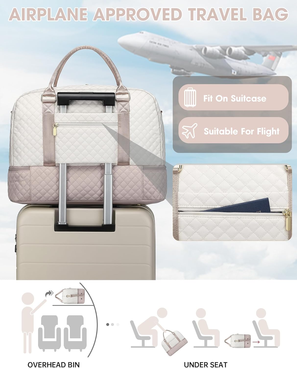 Travel Duffle Bag Weekender for Women: Travel Duffel Bag Carry-On Overnight Bag with Shoe Compartment & Wet Pocket Large Weekend Tote Bag with Gym Duffel Bag for Hospital Beige - Image 6