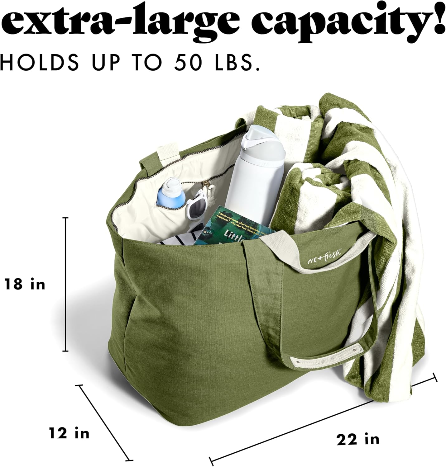 Fit & Fresh XL Beach Tote Bag for Women – XL Travel Tote with Zipper & Pockets, Oversized Canvas Pool Bag, Weekender Carry-On - Image 3