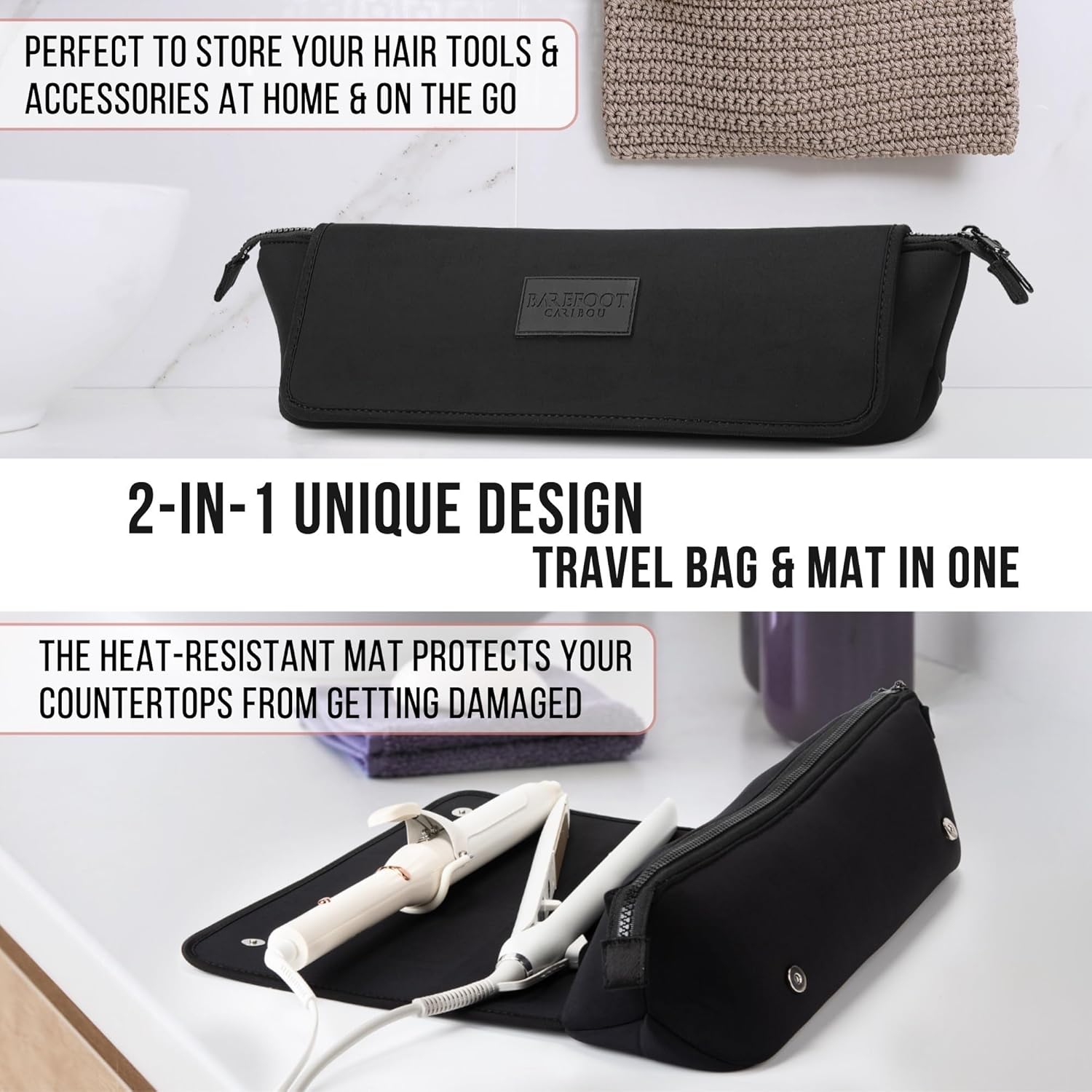 BAREFOOT CARIBOU Hair Tools Travel Bag and Heat Resistant Mat (15.5") for Flat Irons, Straighteners, Curling Iron, and Haircare Accessories, 2-in-1 design, Interior Pockets, Portable Organizer (Black) - Image 5
