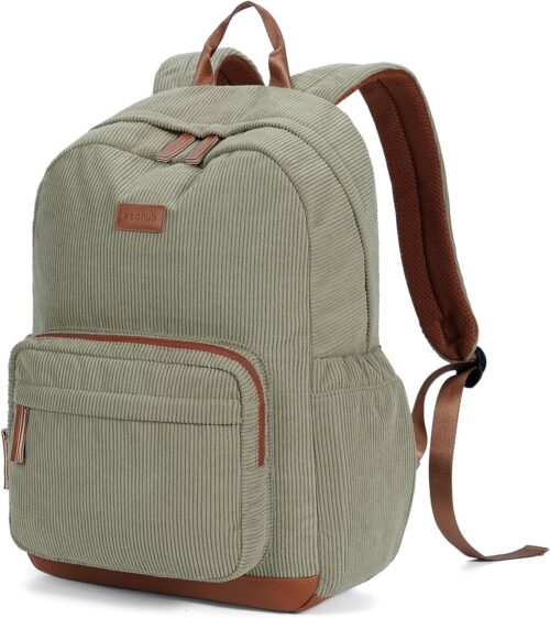 ECOHUB Aesthetic Sage Green Backpack, Corduroy Laptop Bag for Women fits 15.6 Inch Computer, Vintage Travel Backpack with 30oz Tumbler Holder, College School Bag Carry On, Sage Green