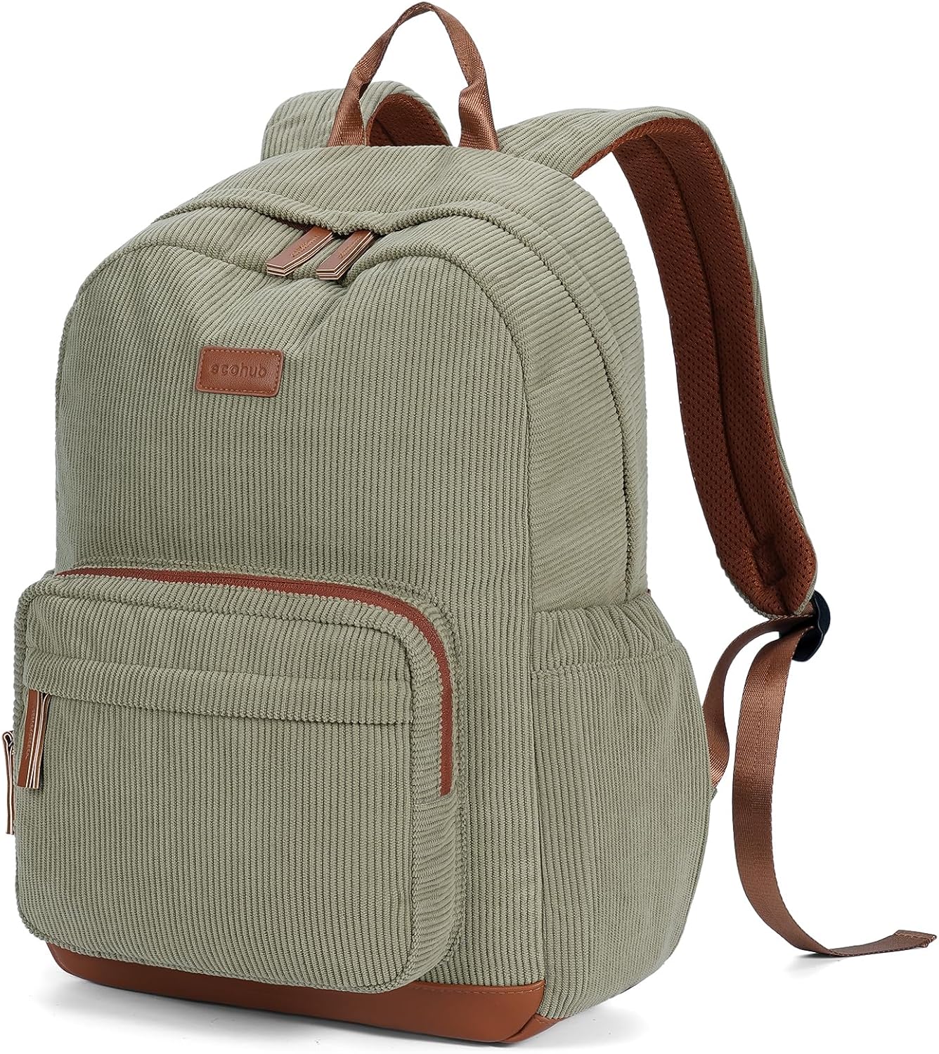 ECOHUB Aesthetic Sage Green Backpack, Corduroy Laptop Bag for Women fits 15.6 Inch Computer, Vintage Travel Backpack with 30oz Tumbler Holder, College School Bag Carry On, Sage Green