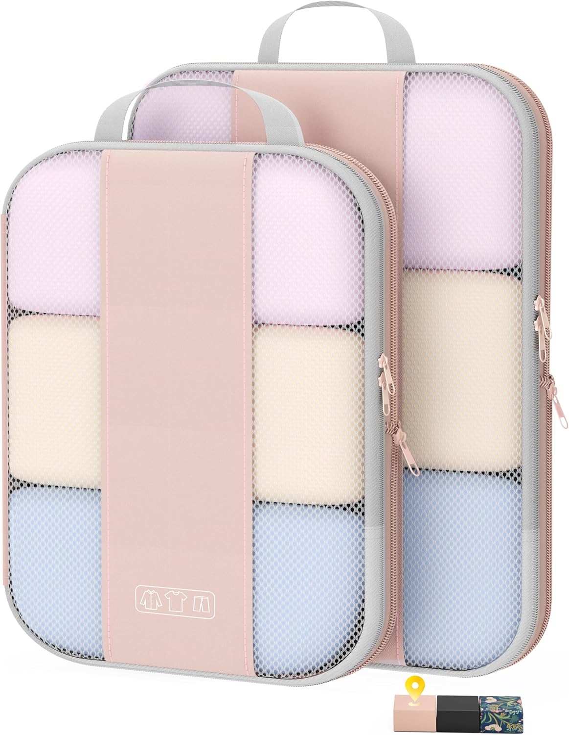 2 Set Compression Packing Cubes for Travel Essentials,Compressible Expandable Packing Cubes for Suitcase,OlarHike Luggage Garment Bags for Travel,Handy Helper for Organizing Clothes(Beige)