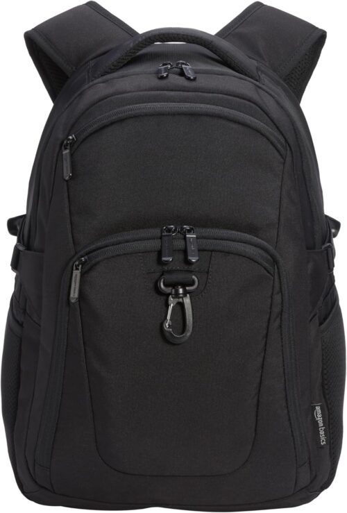 Amazon Basics Travel Laptop Backpack with Multiple Pockets and Compartments for 15.6 inch Laptop, Water Resistant, Spacious with Padded Shoulder Straps, Black | for 15.6 inch Laptop