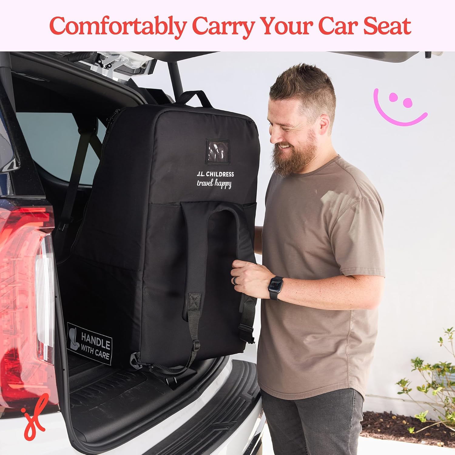 J.L. Childress Padded Backpack Car Seat Bag - Car Seat Travel Bag for Airplane, Fits Most Baby & Infant Carriers & Bootsters, Accessories for Gate or Baggage Check, AirTag Compatible - Deluxe, Black - Image 8