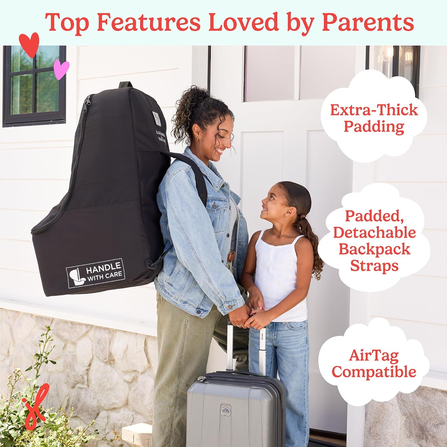J.L. Childress Padded Backpack Car Seat Bag - Car Seat Travel Bag for Airplane, Fits Most Baby & Infant Carriers & Bootsters, Accessories for Gate or Baggage Check, AirTag Compatible - Deluxe, Black - Image 2