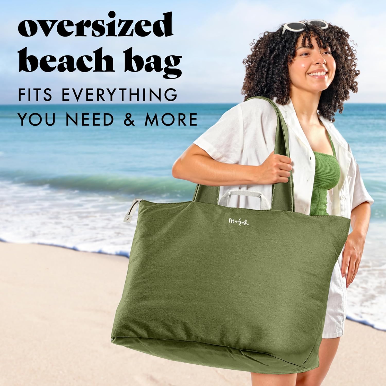 Fit & Fresh XL Beach Tote Bag for Women – XL Travel Tote with Zipper & Pockets, Oversized Canvas Pool Bag, Weekender Carry-On - Image 2